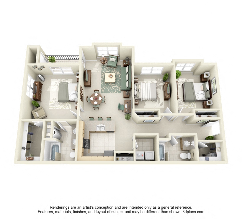 Floor plan for 3 beds, 2 baths, 1425 sqft